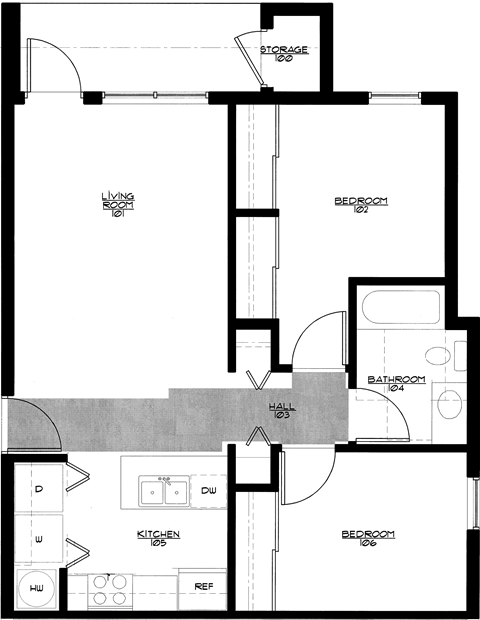 Floor plan for 2 beds, 1 bath, 777 sqft